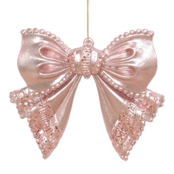 ORN BOW PEARL ROSE GOLD W/PINK ROSE GOLD GLITTER 4.6"