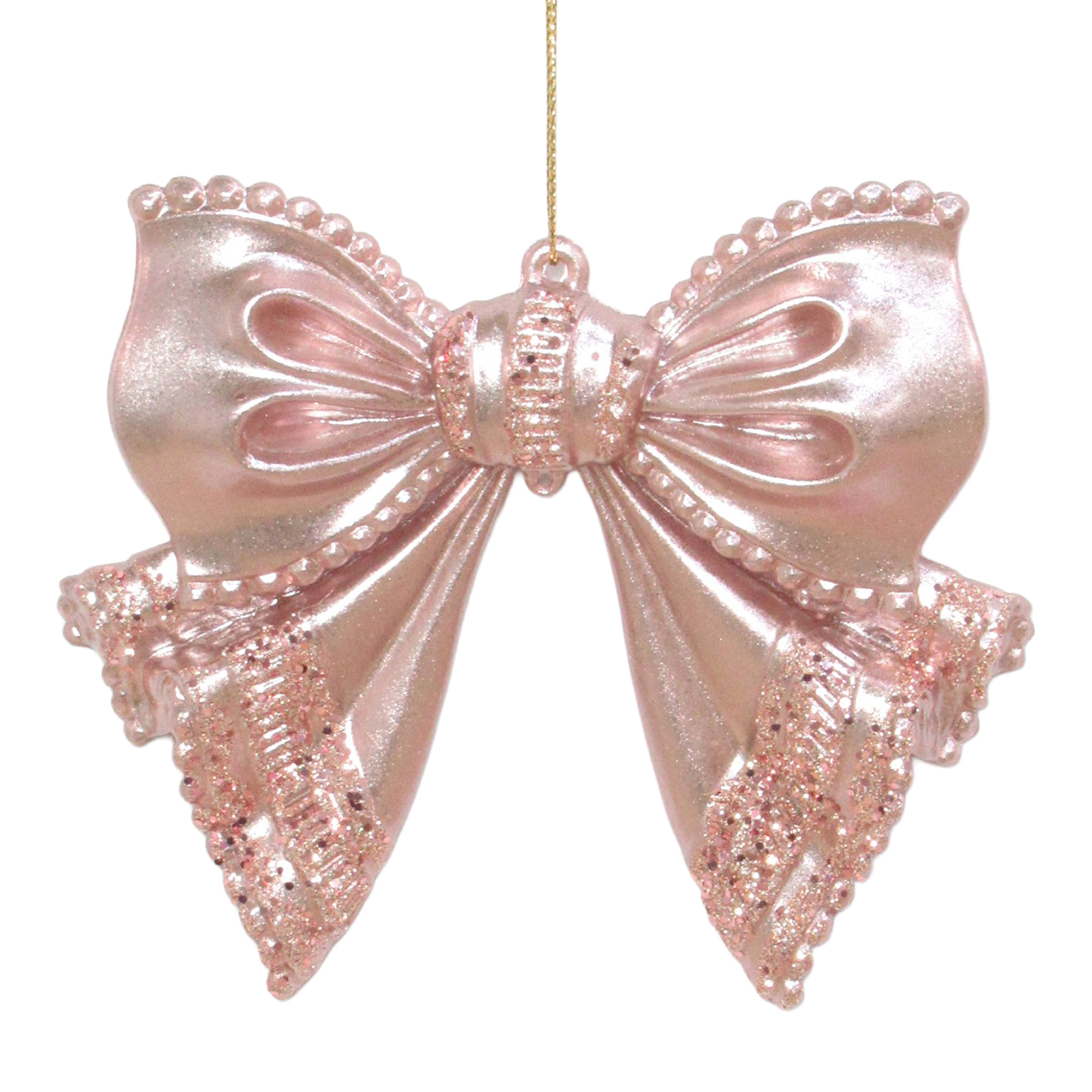 ORN BOW PEARL ROSE GOLD W/PINK ROSE GOLD GLITTER 4.6"