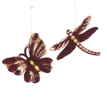 ORN BUTTERFLY & DRAGONFLY BURGUNDY FLOCKED W/GOLD & LIGHT BROWN JEWEL 3.9" & 4.9"2/S