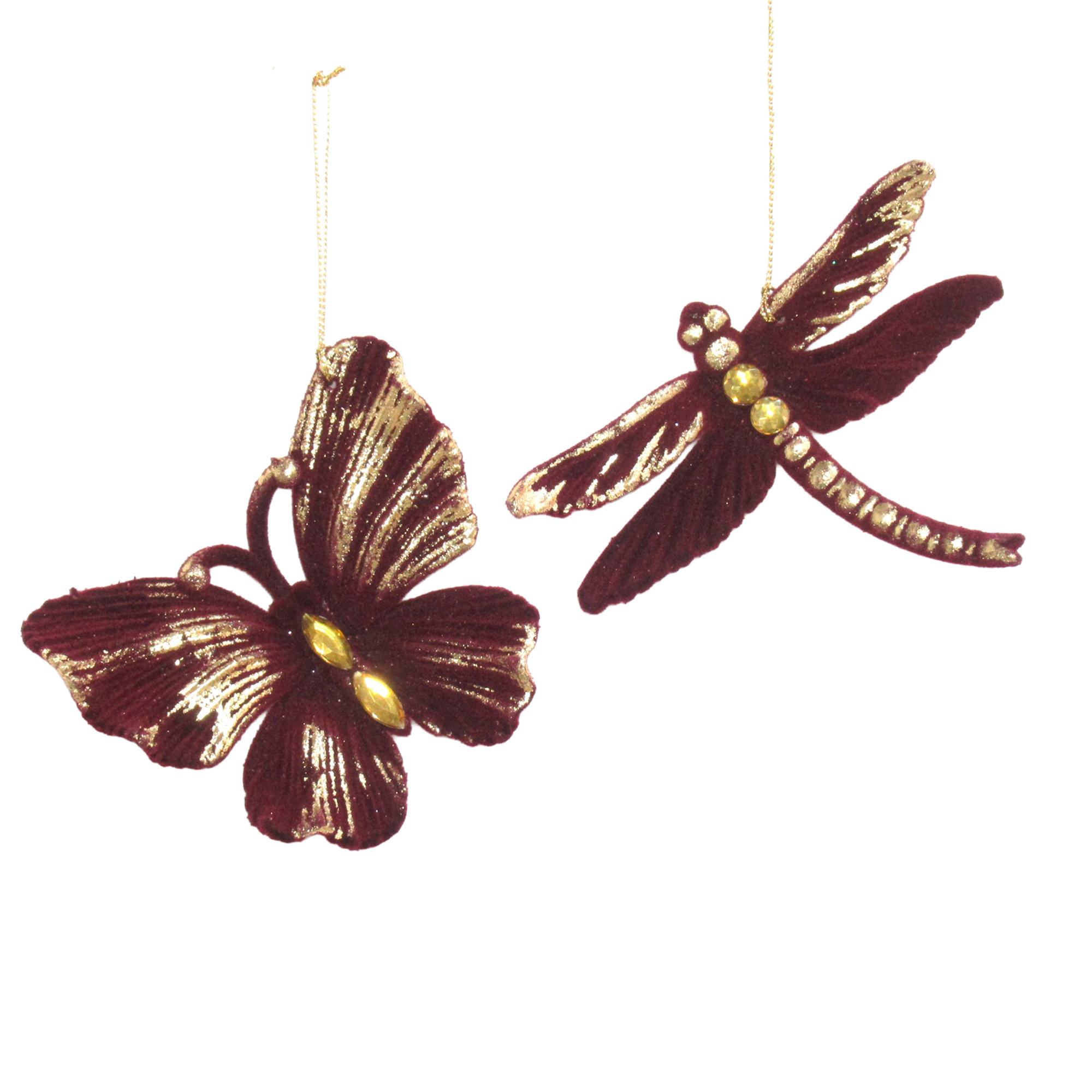 ORN BUTTERFLY & DRAGONFLY BURGUNDY FLOCKED W/GOLD & LIGHT BROWN JEWEL 3.9" & 4.9"2/S