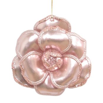 ORN CAMELLIA PEARL ROSE GOLD W/PINK ROSE GOLD GLITTER 4"