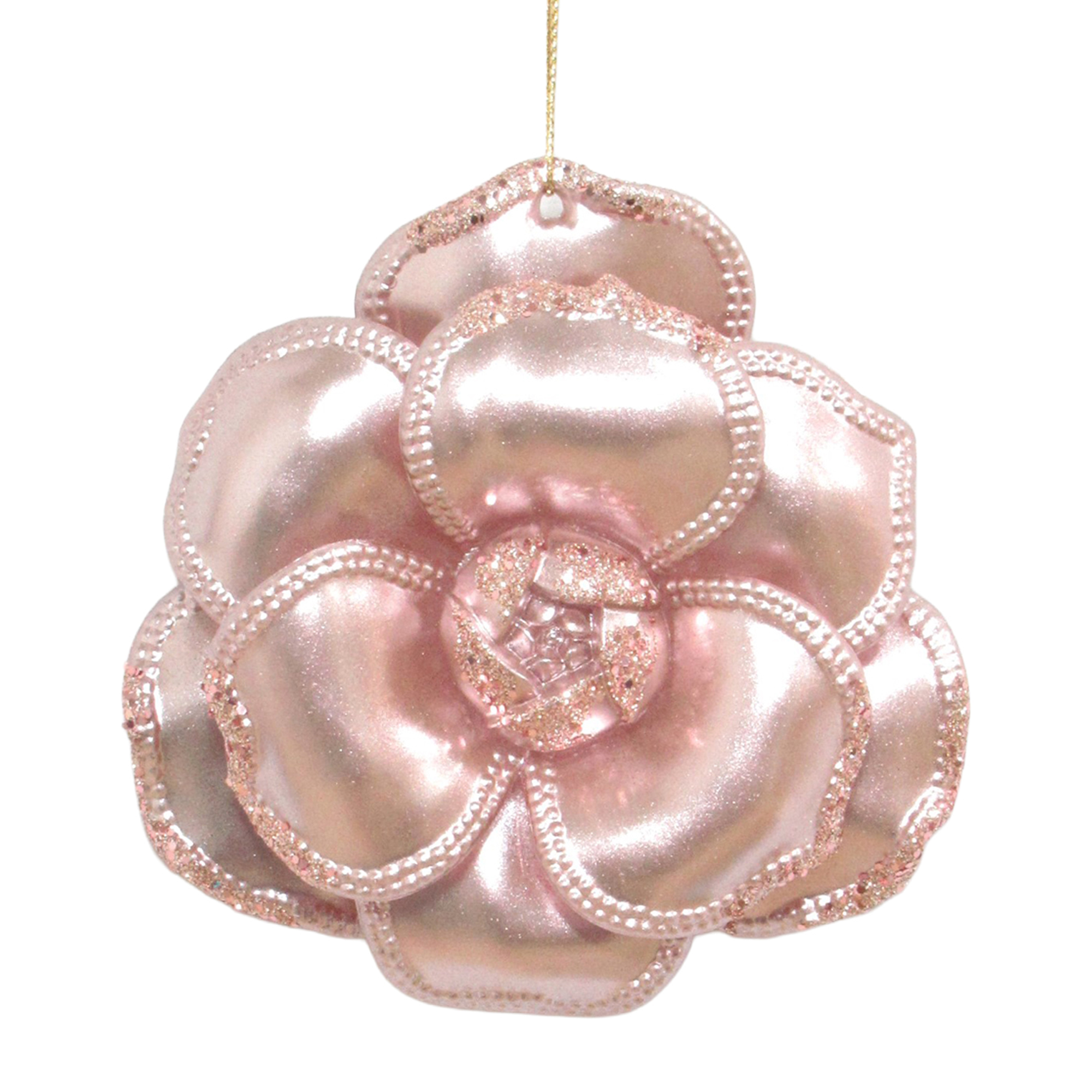 ORN CAMELLIA PEARL ROSE GOLD W/PINK ROSE GOLD GLITTER 4"
