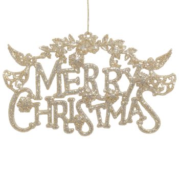 ORN "MERRY CHRISTMAS" CHAMPAGNE GOLD W/ANGEL, BELL & SNOWFLAKE 7.3"