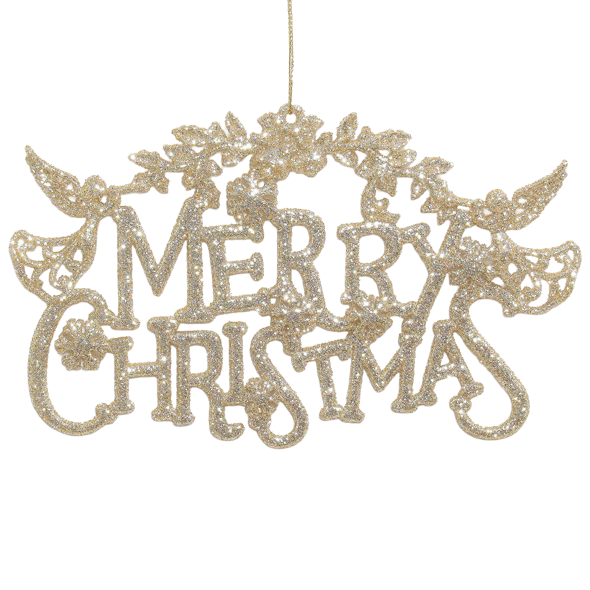 ORN "MERRY CHRISTMAS" CHAMPAGNE GOLD W/ANGEL, BELL & SNOWFLAKE 7.3"