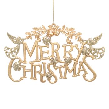 ORN "MERRY CHRISTMAS" MATTE GOLD W/CHAMPAGNE GOLD GLITTER W/ANGEL, BELL & SNOWFLAKE 7.3"