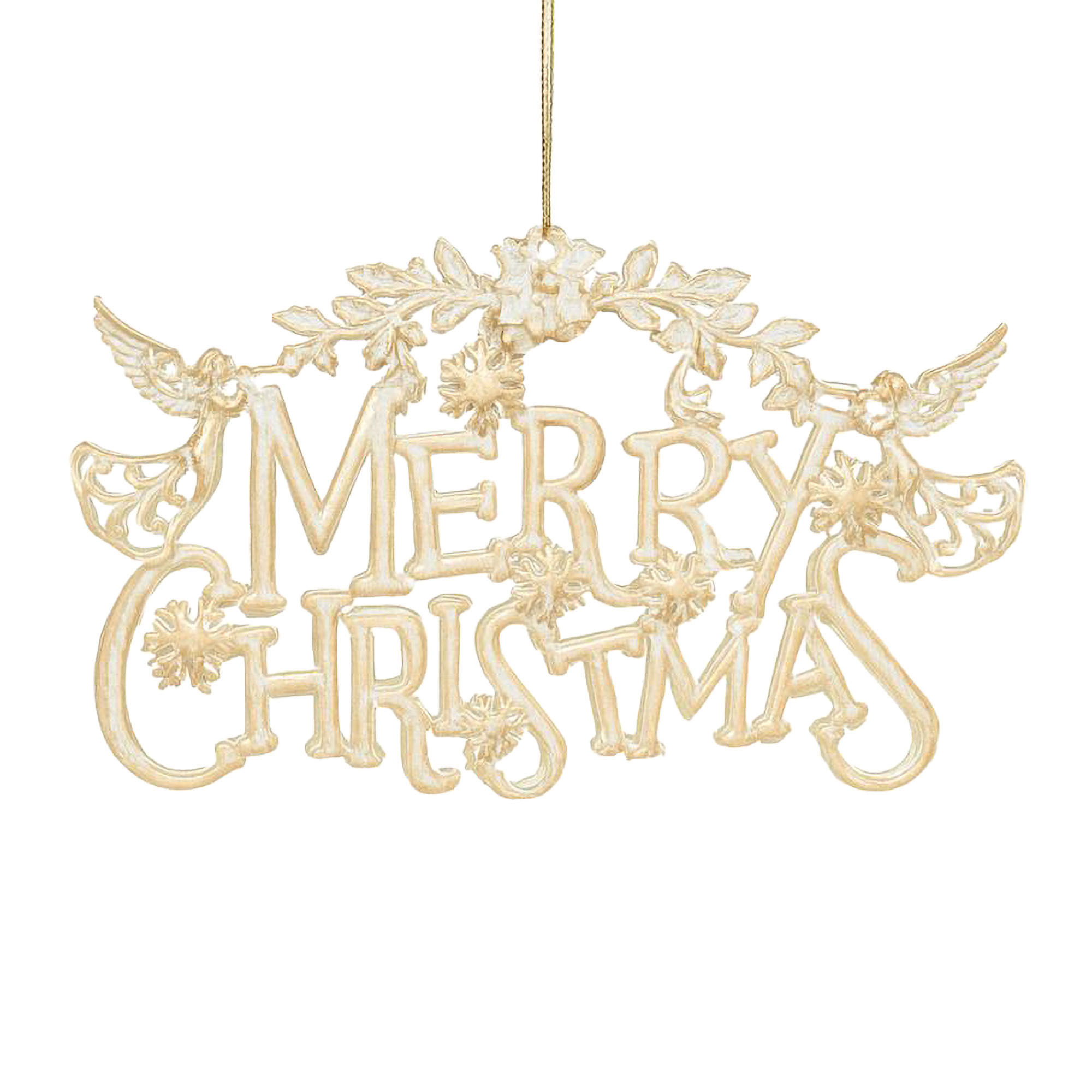 ORN "MERRY CHRISTMAS" WHITE BRUSHED GOLD W/ANGEL, BELL & SNOWFLAKE 7.3"