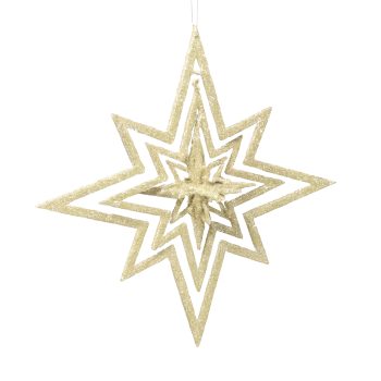 ORN 8-POINT STAR CHAMPAGNE GOLD GLITTER HOLLOW W/MINI STARBURST 9.8"