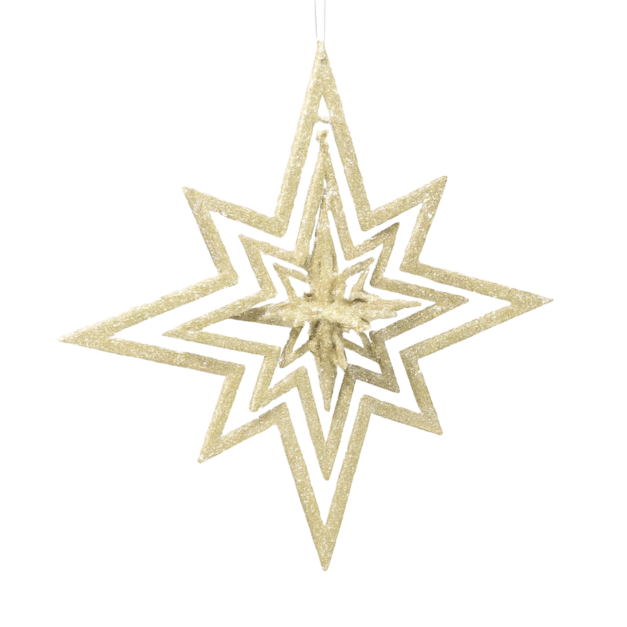 ORN 8-POINT STAR CHAMPAGNE GOLD GLITTER HOLLOW W/MINI STARBURST 9.8"