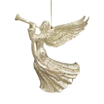 ORN ANGEL WHITE GOLD GLITTER W/TRUMPET 5.7"