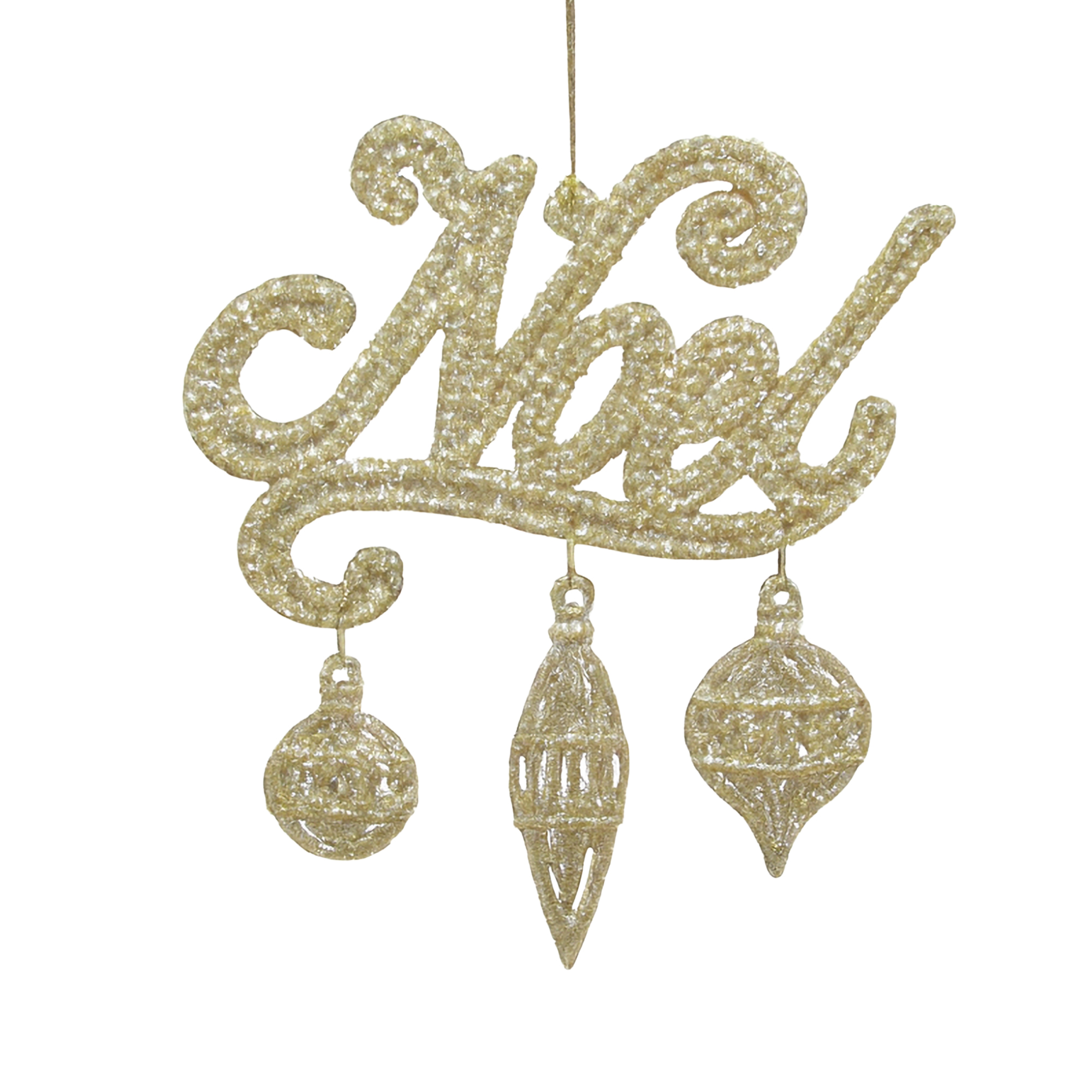 ORN BALL & DROP CHAMPAGNE GOLD GLITTER "NOEL" 5.7"