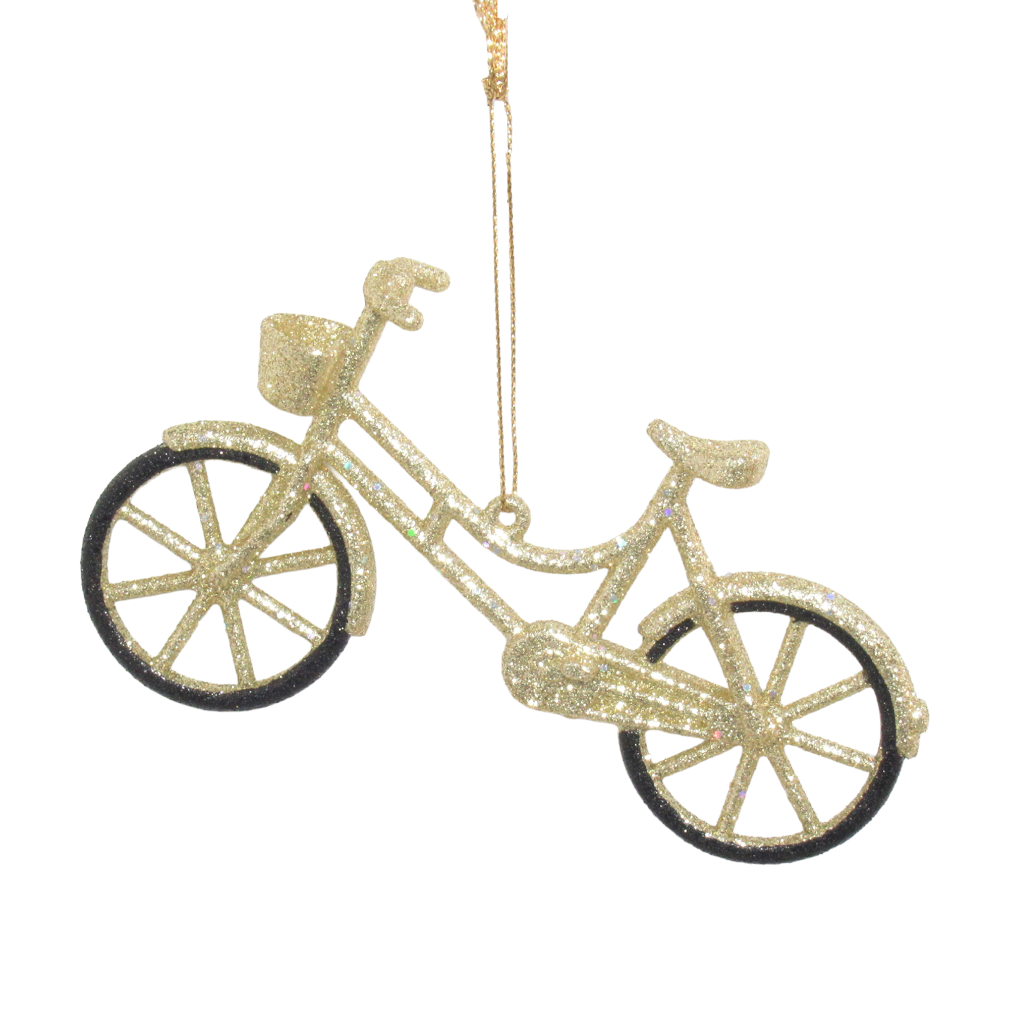 ORN BICYCLE 5.1" LIGHT GOLD GLITTER W/BLACK WHEEL