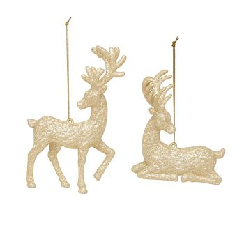 ORN DEER WHITE GOLD GLITTER 4.1" & 5.7" 2/S