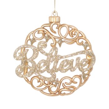 ORN FLAT BALL MATTE GOLD W/CHAMPAGNE GOLD GLITTER "BELIEVE" 4.7"