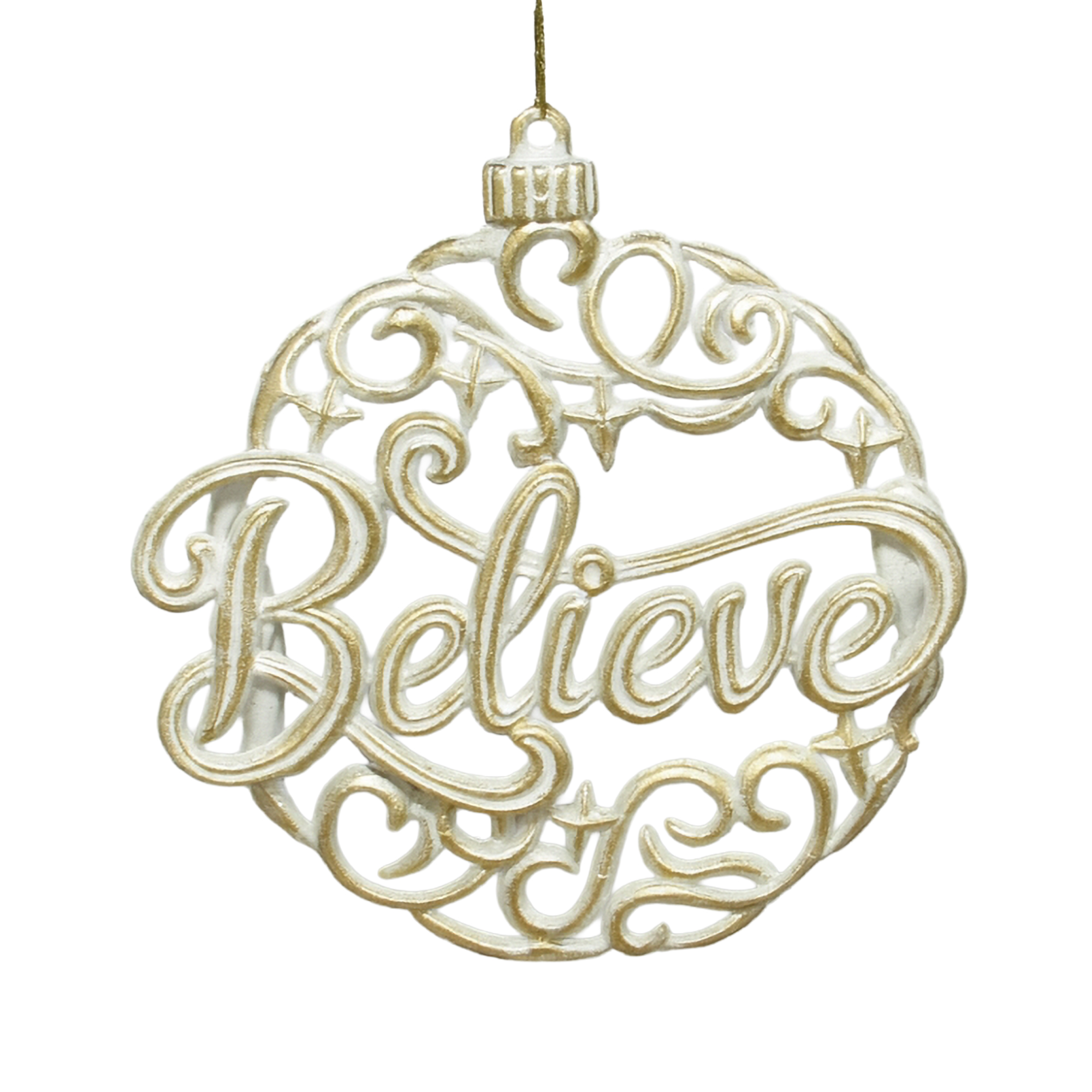 ORN FLAT BALL WHITE BRUSHED GOLD "BELIEVE" 4.7"