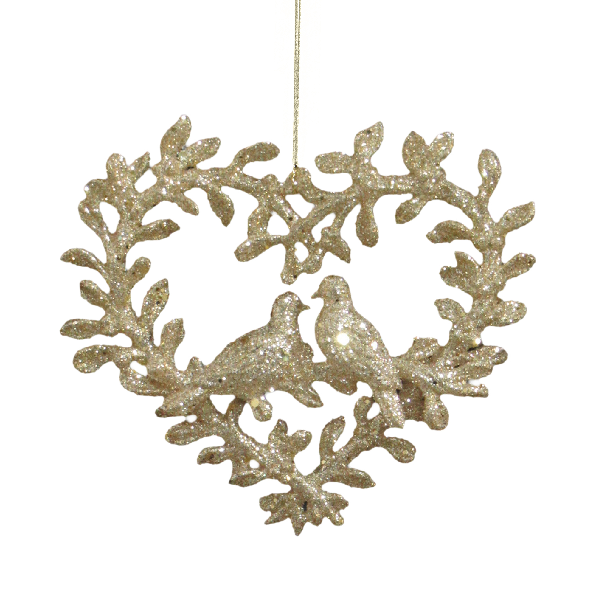 ORN HEART WREATH WHITE GOLD GLITTER LEAVES W/BIRDS 5.1"