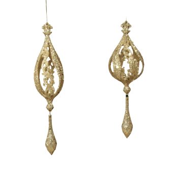 ORN HOLLOW DROP BALL WHITE GOLD GLITTER W/DROPLET 7.5" & 8.6" 2/S