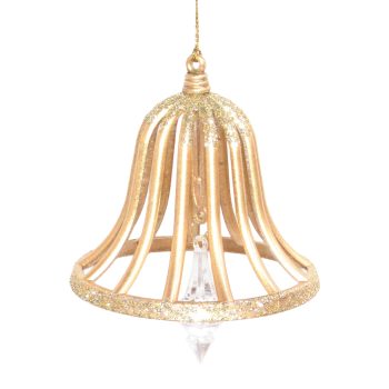 ORN LIBERTY BELL MATTE GOLD W/CHAMPAGNE GOLD GLITTER W/CLEAR DROP 4.5"