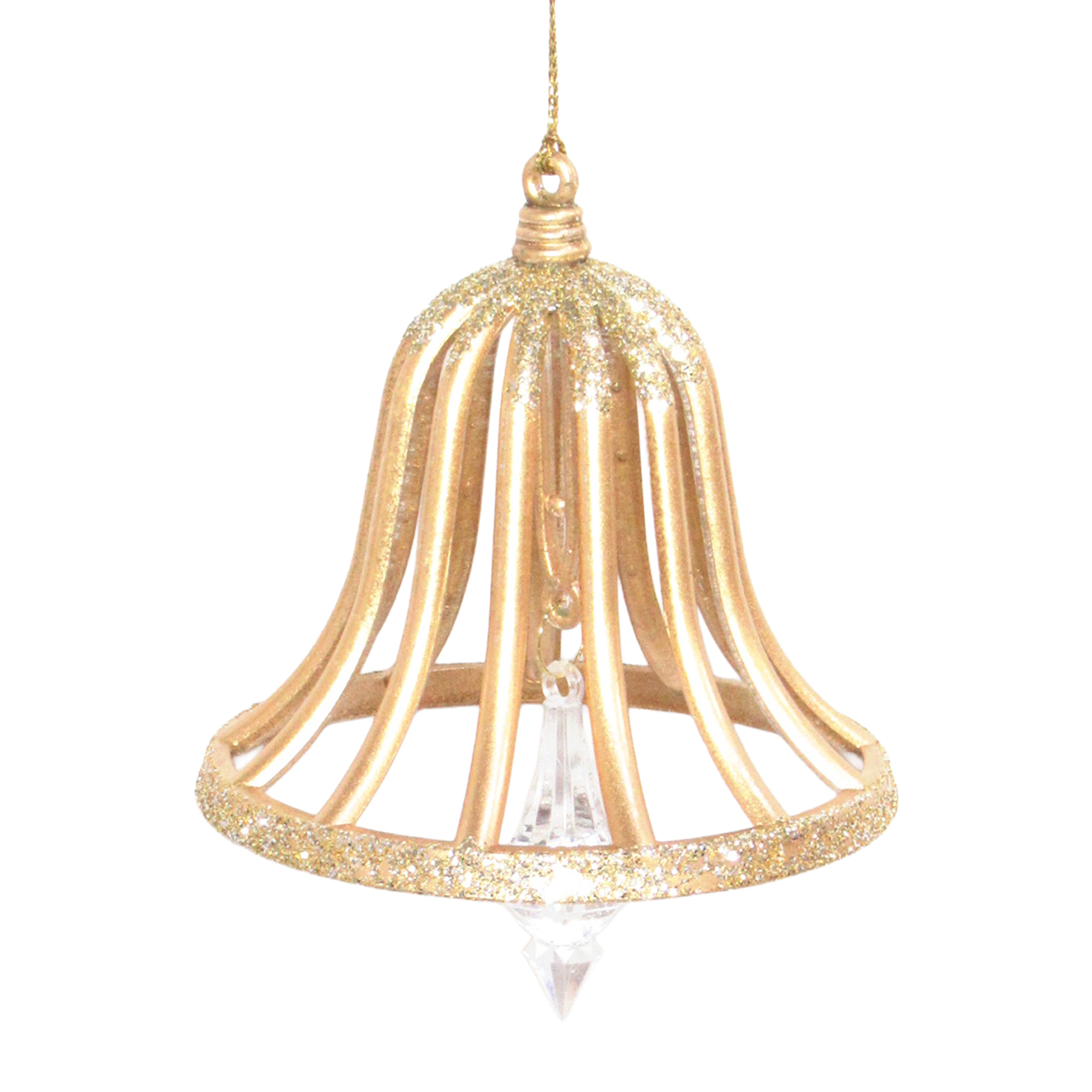 ORN LIBERTY BELL MATTE GOLD W/CHAMPAGNE GOLD GLITTER W/CLEAR DROP 4.5"