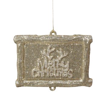 ORN PHOTO FRAME PALE GOLD GLITTER W/BRIGHT SILVER "MERRY CHRISTMAS" 3.7"