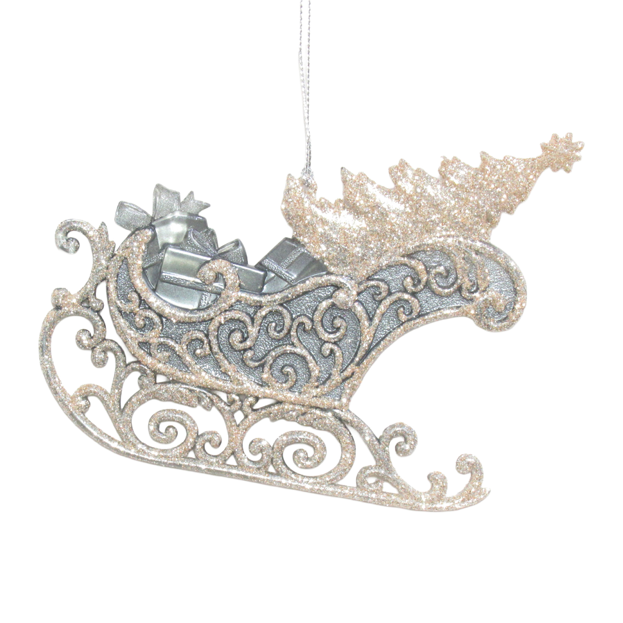 ORN SLEIGH CLEAR/PEARL BLACK W/IVORY WHITE GLITTER W/GIFT BOX & TREE 4.9"