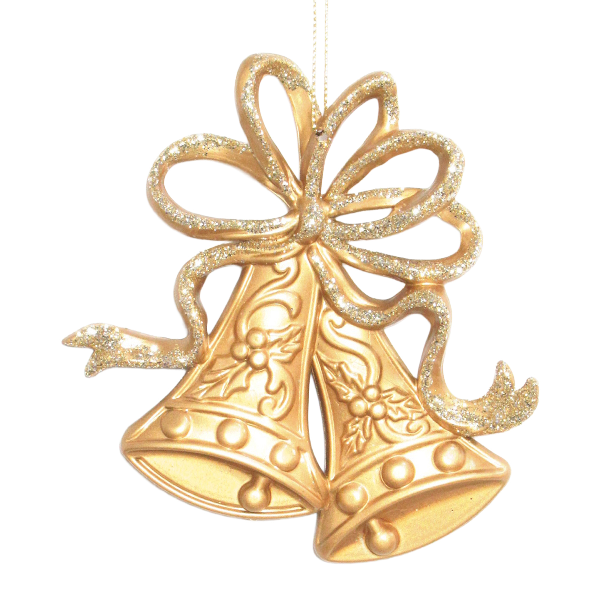 ORN TWIN BELLS MATTE GOLD W/CHAMPAGNE GOLD GLITTER W/BOW 4.7"