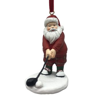 ORN SANTA GOLFING 3"X3.5" RED COAT POLY RESIN