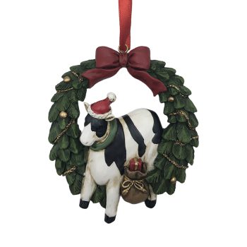 ORN COW IN WREATH 3" MULTI POLY RESIN