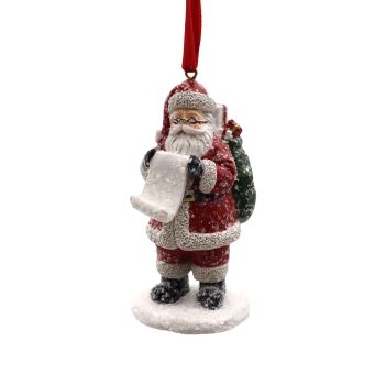 ORN SANTA W/LIST 2"X3" RED/WHITE POLY RESIN