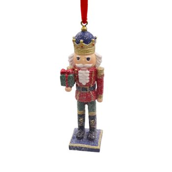 ORN NUTCRACKER W/GIFT 2"X5" RED/MULTI POLY RESIN