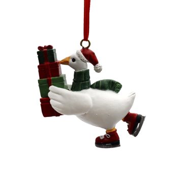 ORN CHRISTMAS GOOSE W/GIFTS 2.5"X3" WHIT POLY RESIN