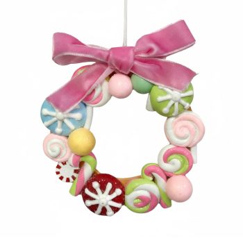 ORNAMENT CANDY WREATH 4.5"X4.5" PINK/GREEN/BLUE/ED/HITE W/PINK BOW