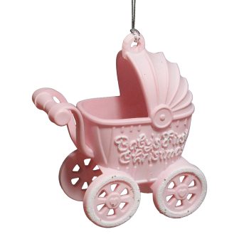 ORN BABY CARRIAGE MATTE BABY PINK W/WHITE GLITTER 4.5"