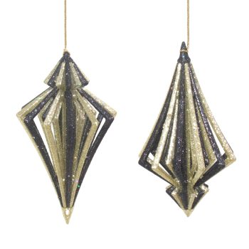 ORN DIAMOND DROP 4.9" BLACK/LIGHT GOLD GLITTER 2/S