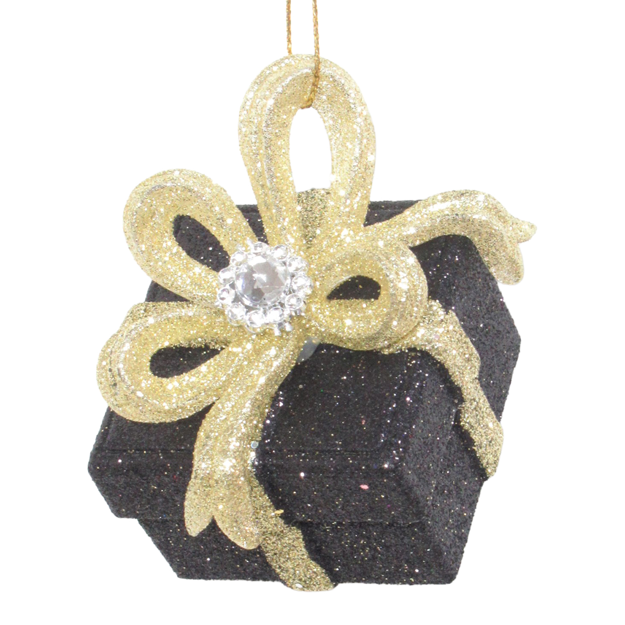 ORN GIFT BOX BLACK/LIGHT GOLD GLITTER W/BOW & CLEAR JEWEL 2.4"