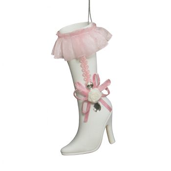 ORN HIGH BOOTS MATTE WHITE W/PINK RIBBON BOW & WHITE FLOWER 5.7"
