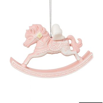 ORN ROCKING HORSE MATTE BABY PINK W/WHITE GLITTER W/ROSE & WINGS 5.4"