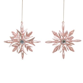 ORN SNOWFLAKE 4.5" PEARL ROSE GOLD W/PINK ROSE GOLD GLITTER W/CLEAR JEWEL