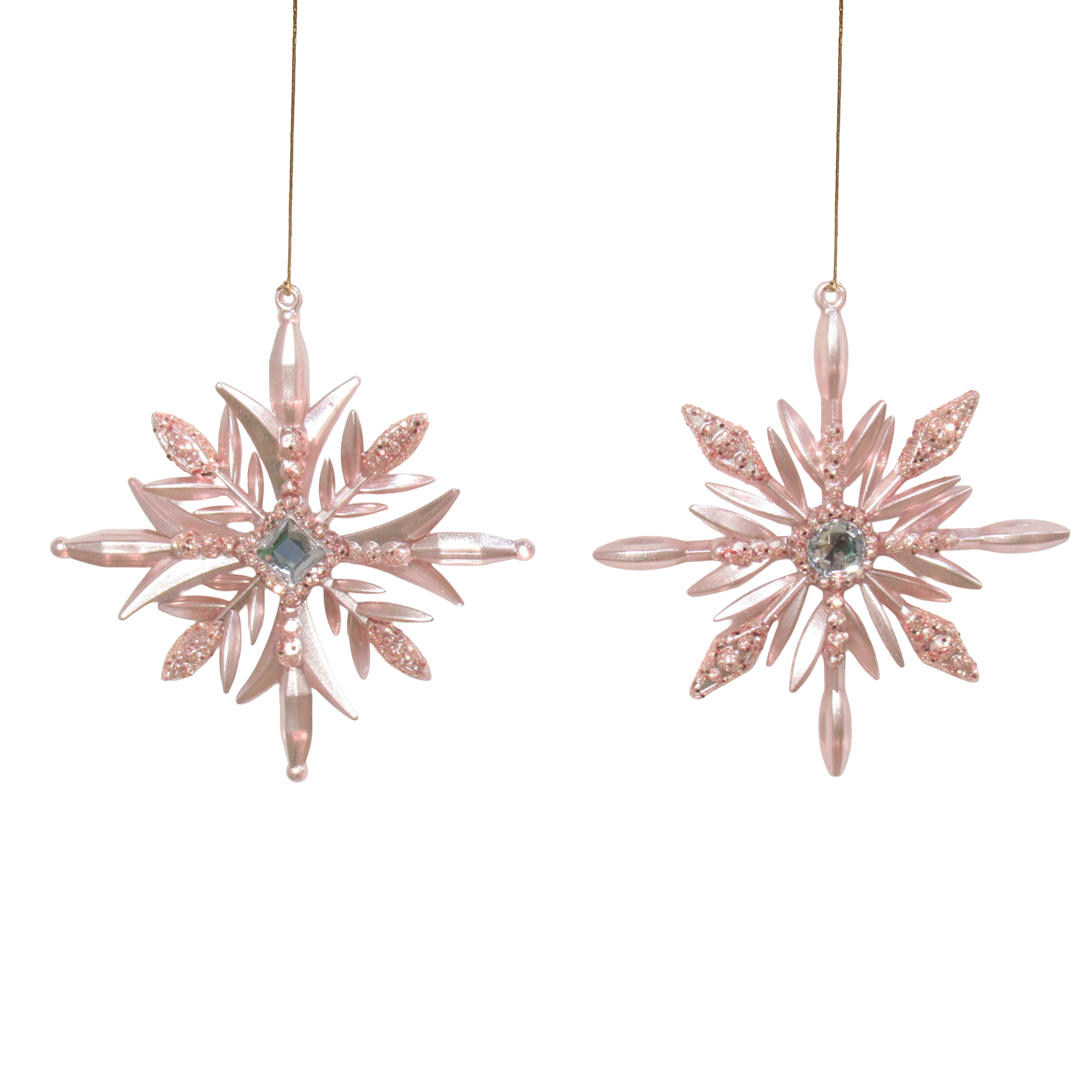 ORN SNOWFLAKE 4.5" PEARL ROSE GOLD W/PINK ROSE GOLD GLITTER W/CLEAR JEWEL
