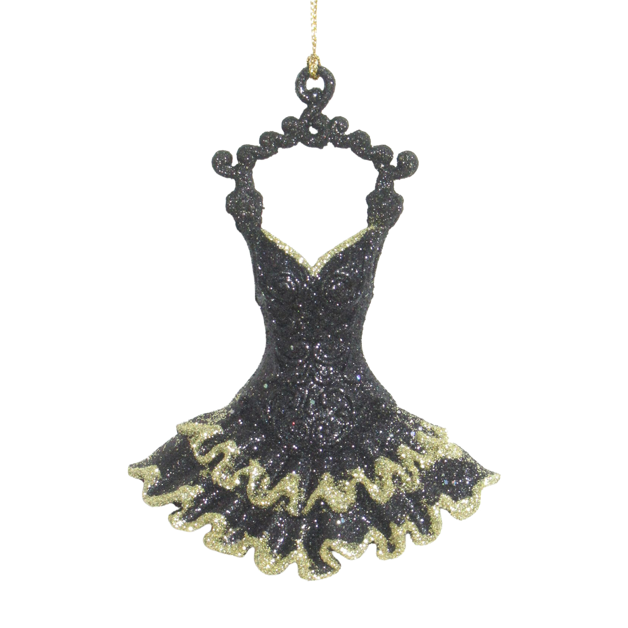 ORN DRESS/TUTU 5.1" BLACK W/LIGHT GOLD GLITTER W/HANGER