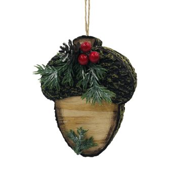 ORN ACORN 4"X4" NATURAL BROWN W/GREENS AND RED BERRIES