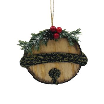 ORN BELL 5"X4" NATURAL BROWN W/GREENS AND RED BERRIES