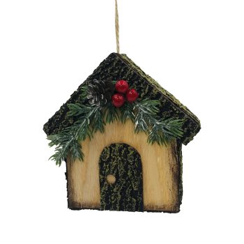 ORN HOUSE 5"X5" NATURAL BROWN W/GREENS AND RED BERRIES