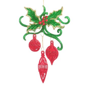 ORN BALL & DROP GREEN/GOLD/RED GLITTER HOLLY LEAVES W/CURL 7"