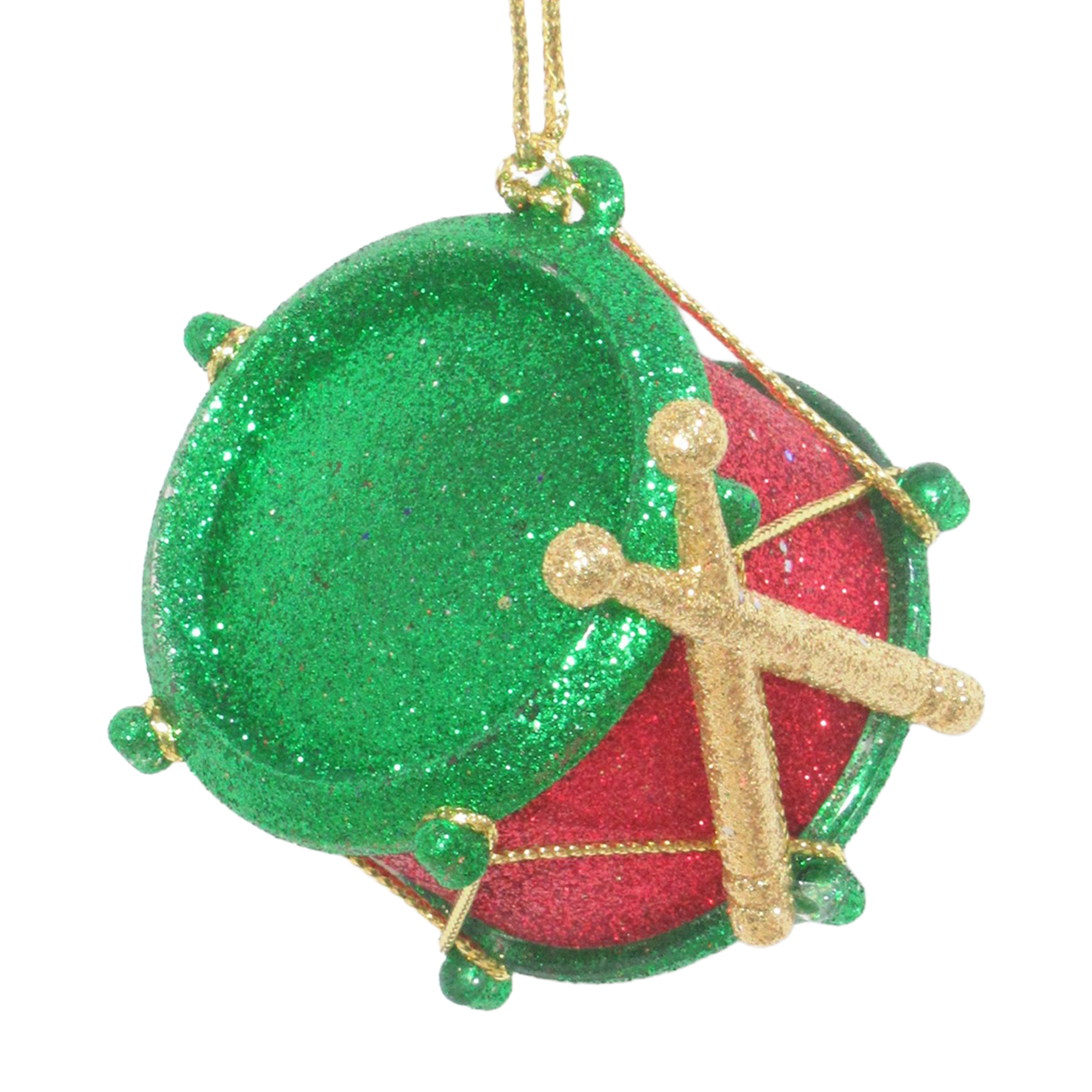 ORN DRUM GREEN/RED GLITTER W/GOLD DRUM STICK 2"