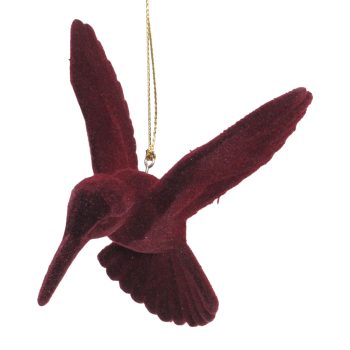ORN HUMMINGBIRD BURGUNDY FLOCKED 3.9"