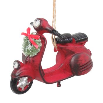 ORN MOTORCYCLE ANTIQUE RED BRUSHED BLACK W/SNOWED WREATH 4.7"