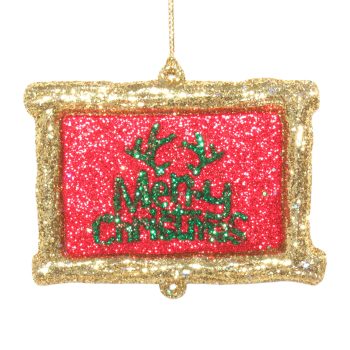 ORN PHOTO FRAME RED/GOLD GLITTER W/GREEN "MERRY CHRISTMAS" 3.7"