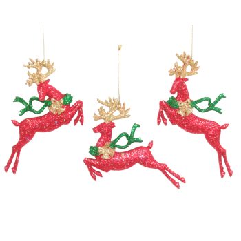 ORN RUNNING DEER RED W/GOLD & GREEN GLITTER5.3" 3/S