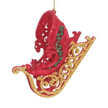 ORN SLEIGH RED W/CREAM GOLD & FOREST GREEN GLITTER 4.5"