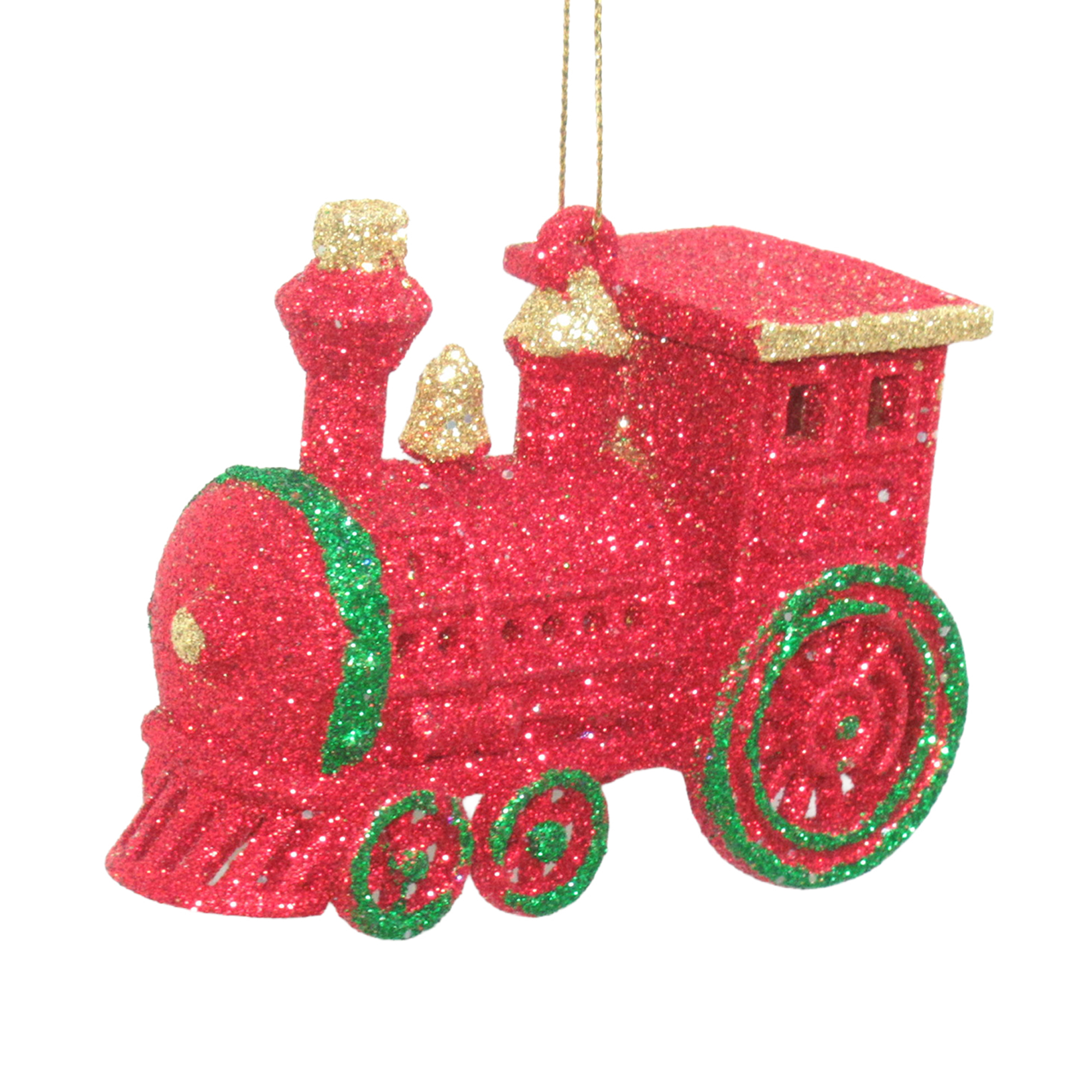 ORN TRAIN RED W/GOLD & GREEN GLITTER 3.3"